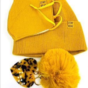 Matching Knit Face Mask Keychain Pom Beanie Set